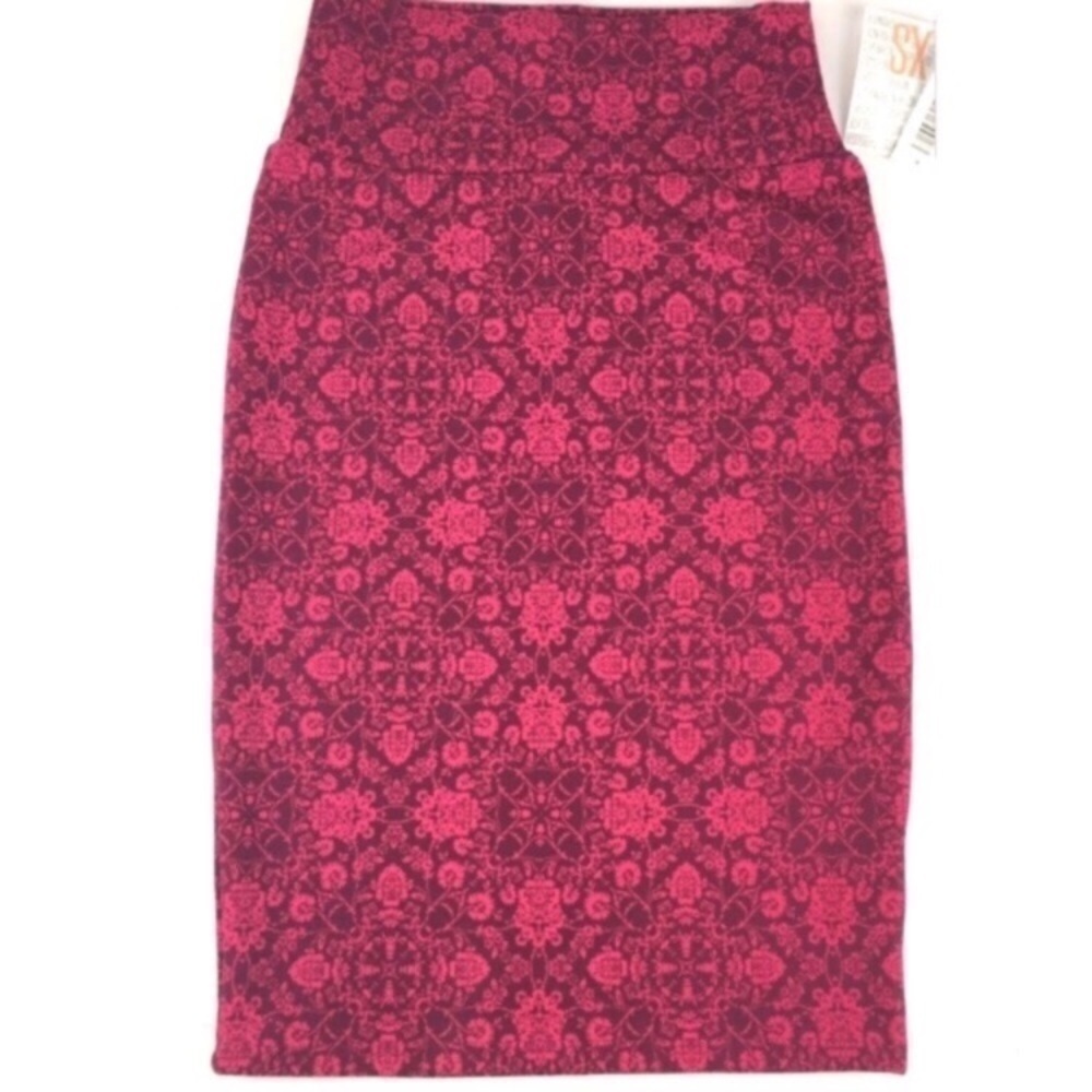 LULAROE Cassie Skirt Floral Pencil Moroccan Damask Raspberry Stretch Size XS NWT